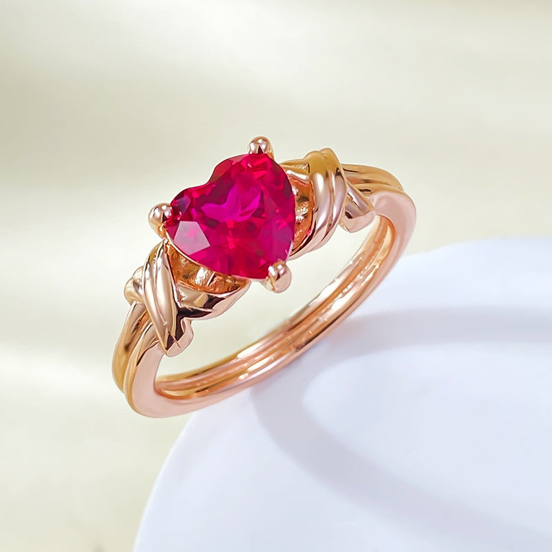 Urqanyu 925 silver heart-shaped red corundum simple cubic zirconia ring 7*7