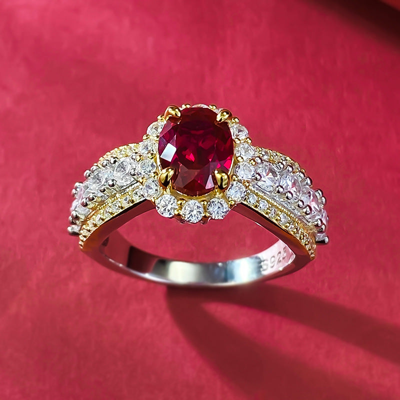 Urqanyu S925 silver French lace edge simulation pigeon blood red oval cubic zirconia ring