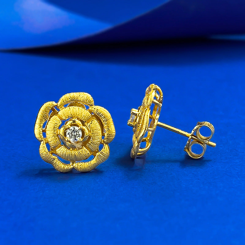 Urqanyu s925 silver gold-plated camellia brushed fashionable all-match cubic zirconia earrings