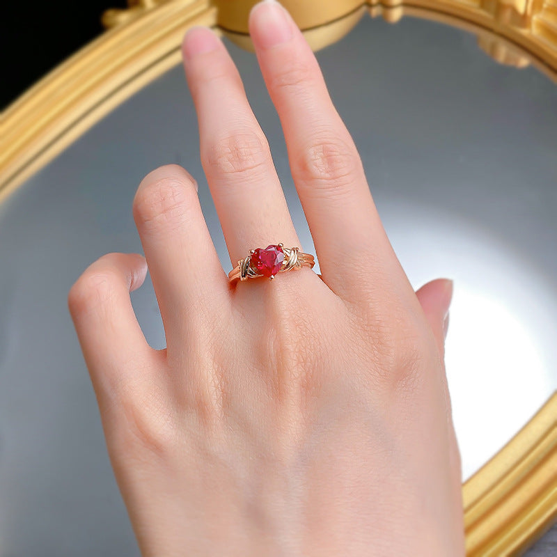 Urqanyu 925 silver heart-shaped red corundum simple cubic zirconia ring 7*7