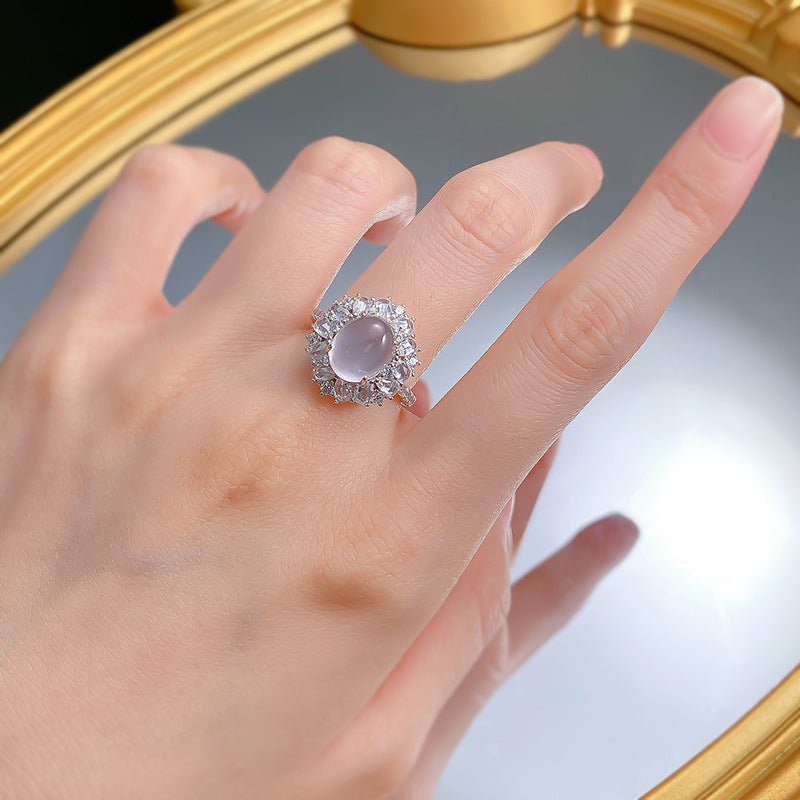 Urqanyu S925 silver French hollow water bubble jade cubic zirconia ring 8*10