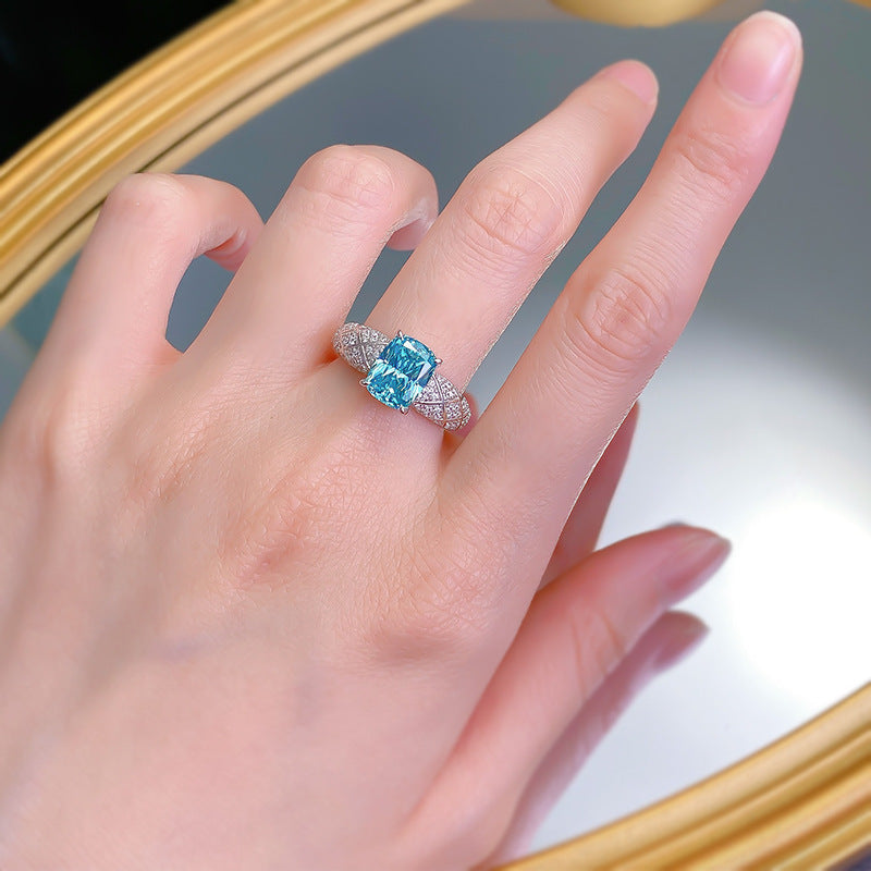 Urqanyu S925 silver Paraiba fat square dream catcher cubic zirconia ring 7*9