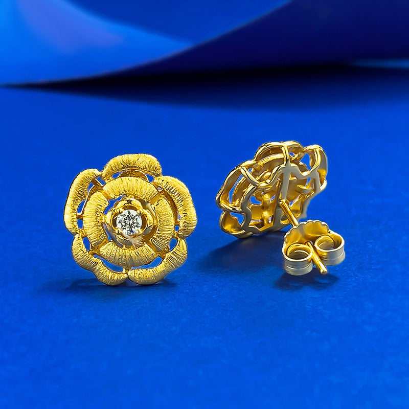 Urqanyu s925 silver gold-plated camellia brushed fashionable all-match cubic zirconia earrings