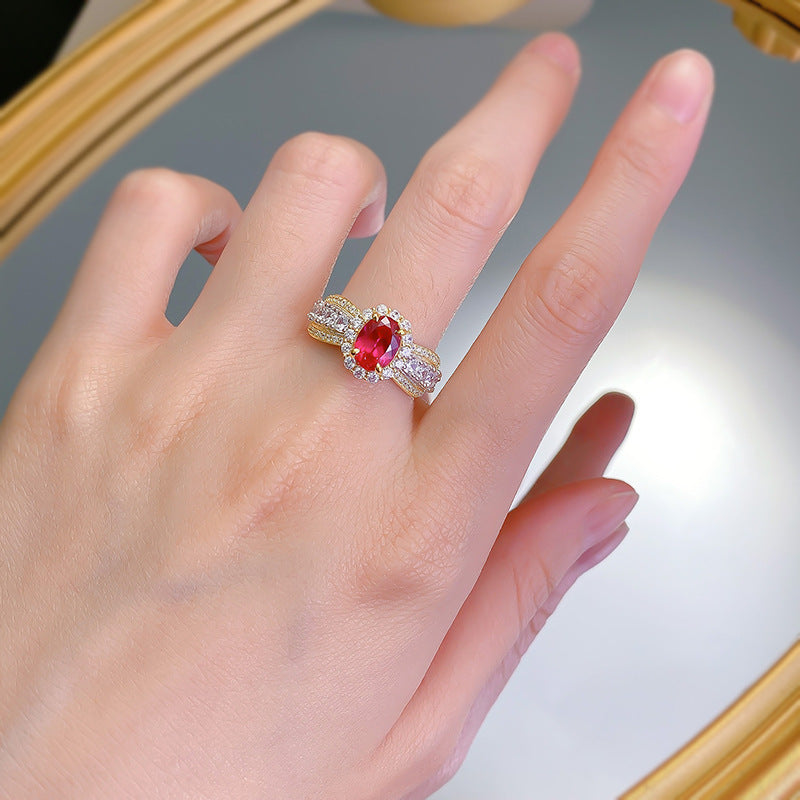 Urqanyu S925 silver French lace edge simulation pigeon blood red oval cubic zirconia ring
