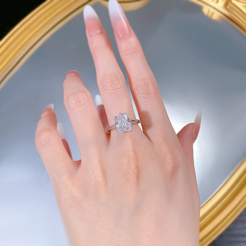 Urqanyu S925 silver gold-plated white ice flower cut cubic zirconia ring 8*10