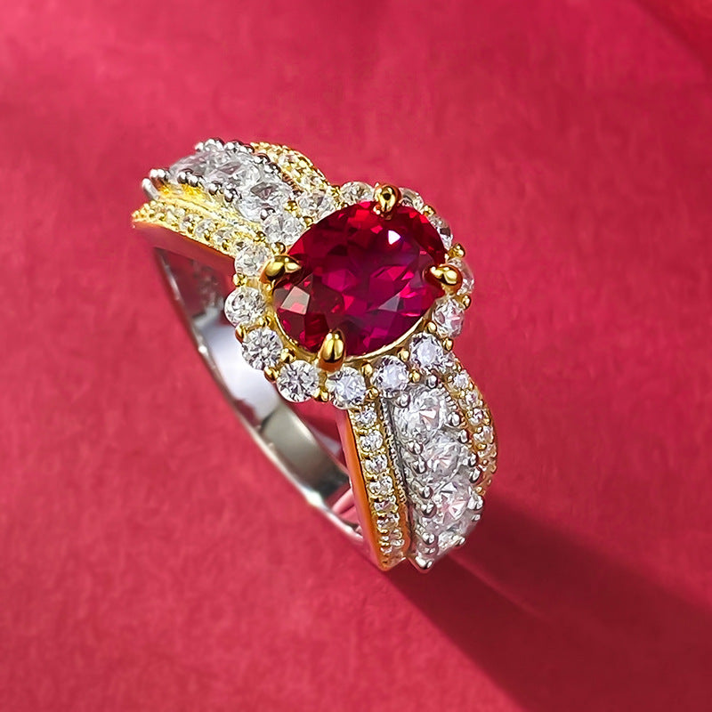 Urqanyu S925 silver French lace edge simulation pigeon blood red oval cubic zirconia ring