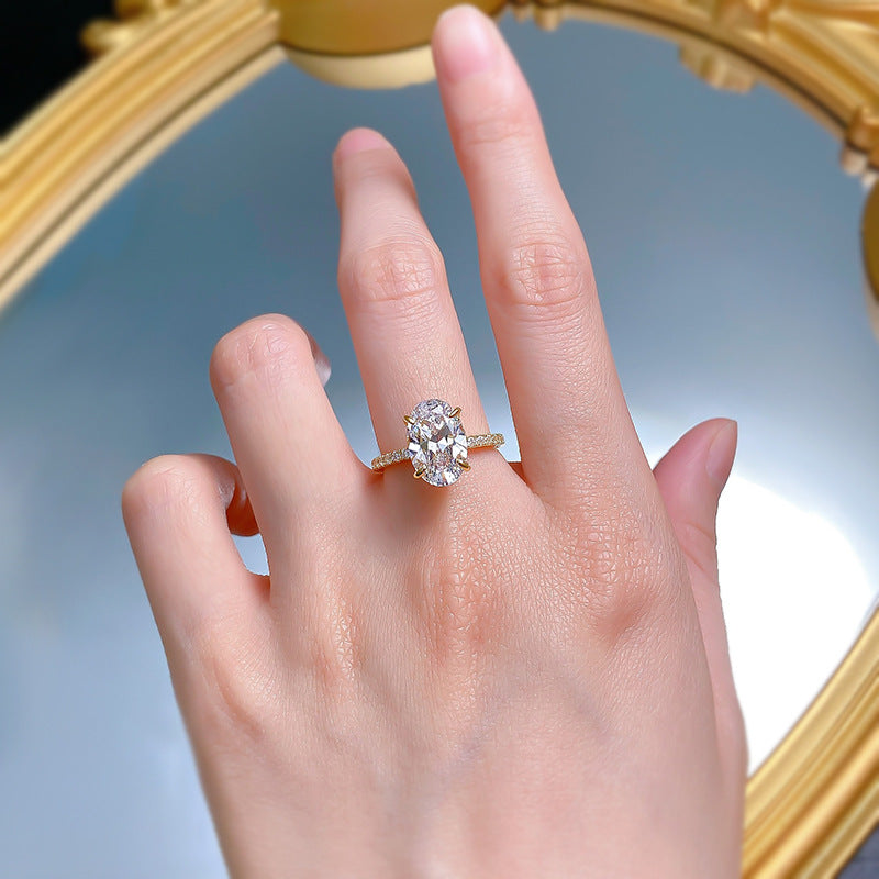 Urqanyu S925 silver gold-plated simulated diamond oval radiant cubic zirconia stone bottom cutting ring 8*12