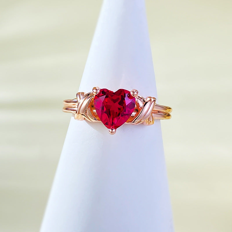 Urqanyu 925 silver heart-shaped red corundum simple cubic zirconia ring 7*7