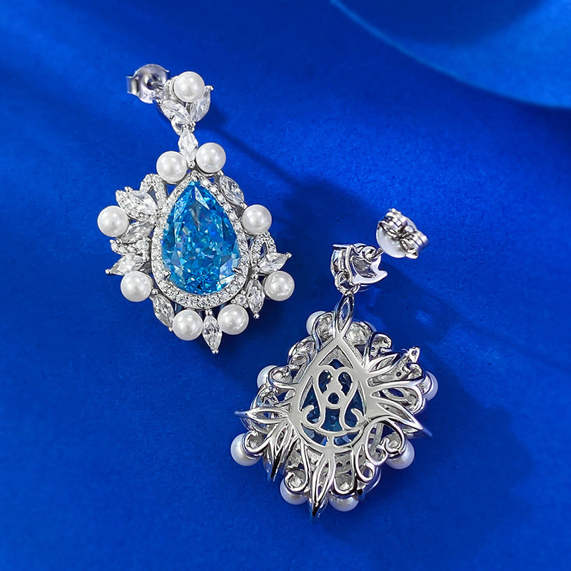 Urqanyu S925 silver ice flower cut 8*12 water drop sea blue fashionable cubic zirconia earrings
