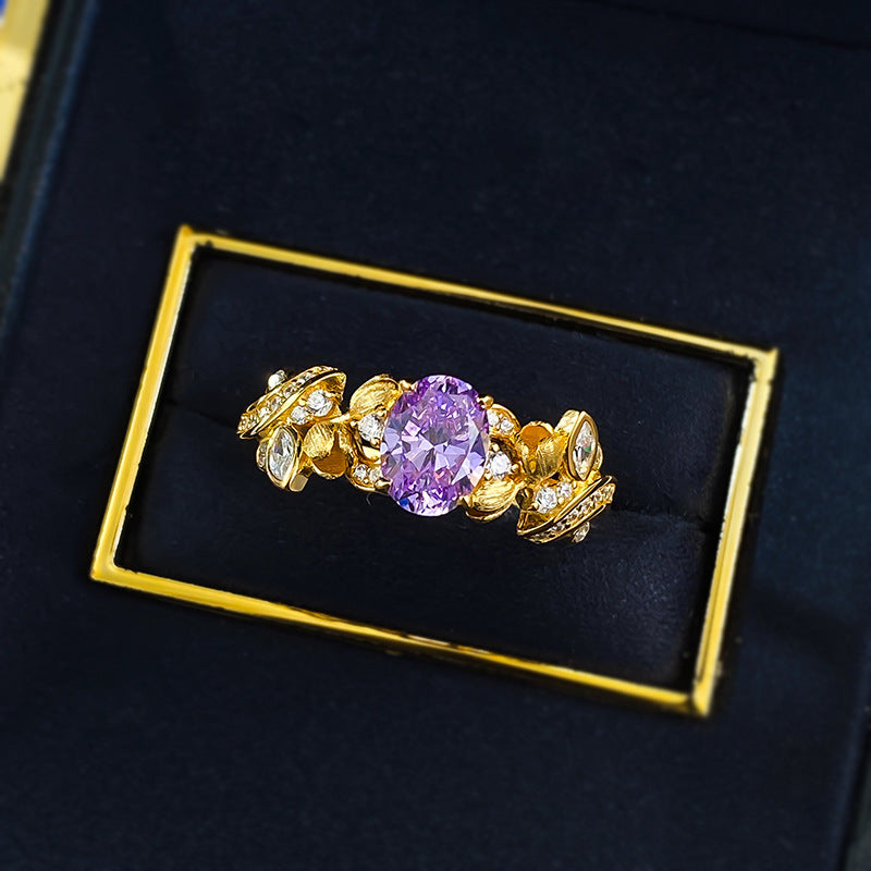 Urqanyu S925 silver purple fantasy purple brushed three-dimensional flower bud cubic zirconia ring