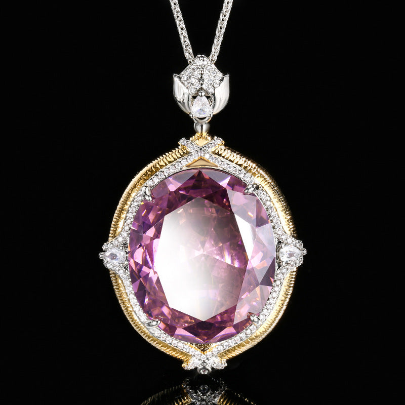 Urqanyu copper-based gold-plated simulated colored gemstone large egg-shaped retro brushed process cubic zirconia necklace