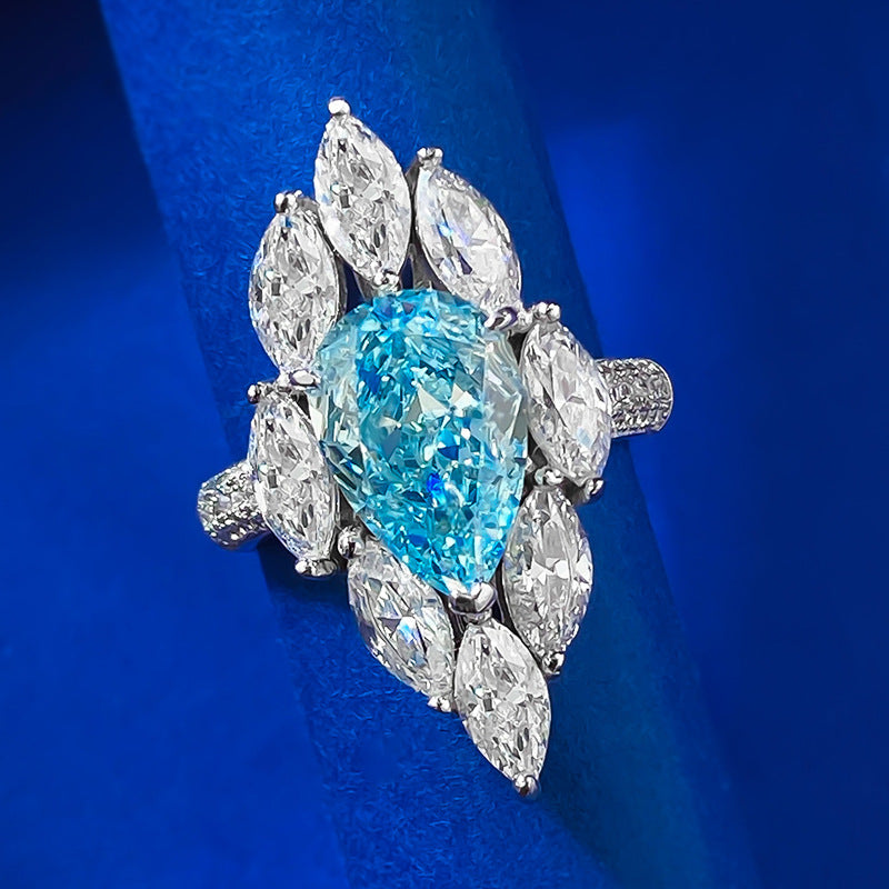 Urqanyu 925 silver 4 carat pear-shaped water drop aquamarine cubic zirconia ring 8*12