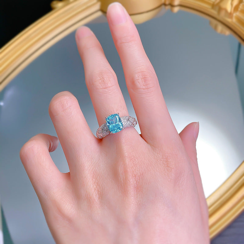 Urqanyu S925 silver Paraiba fat square dream catcher cubic zirconia ring 7*9