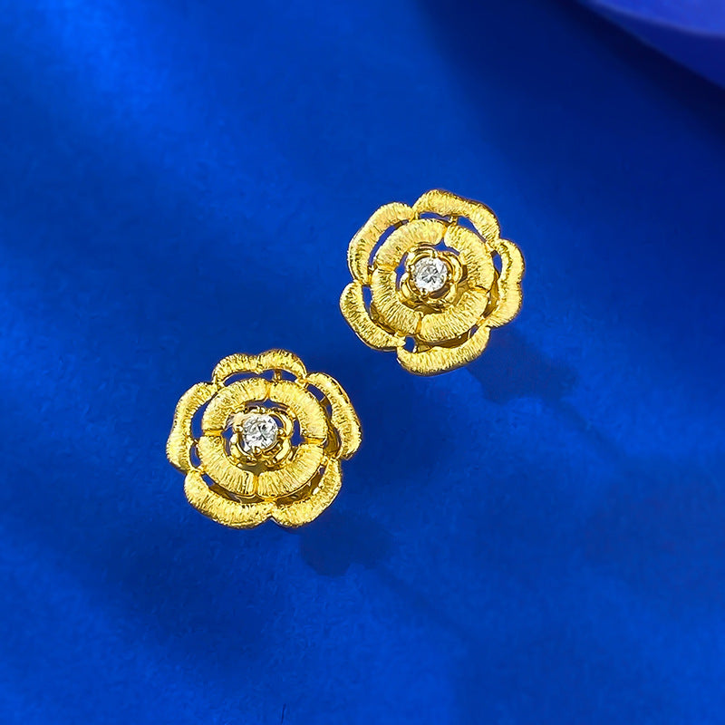 Urqanyu s925 silver gold-plated camellia brushed fashionable all-match cubic zirconia earrings