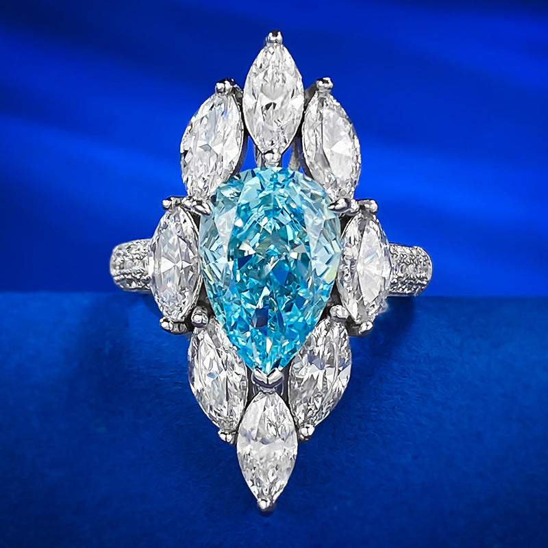 Urqanyu 925 silver 4 carat pear-shaped water drop aquamarine cubic zirconia ring 8*12
