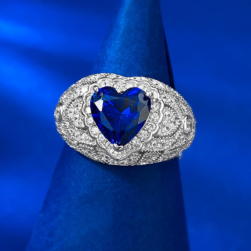 Urqanyu S925 sterling silver heart-shaped simulated sapphire cubic zirconia ring 8*8