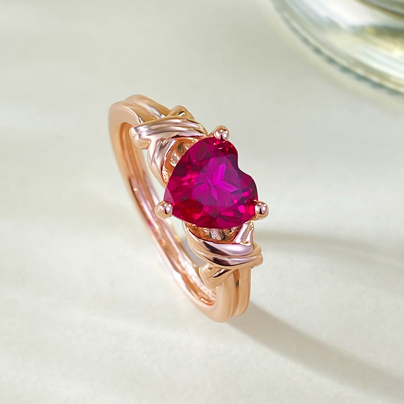 Urqanyu 925 silver heart-shaped red corundum simple cubic zirconia ring 7*7