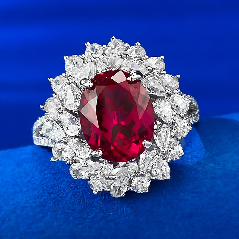 Urqanyu S925 silver pigeon blood red simulated diamond oval ring group inlaid flower cluster cubic zirconia wedding ring 8*10