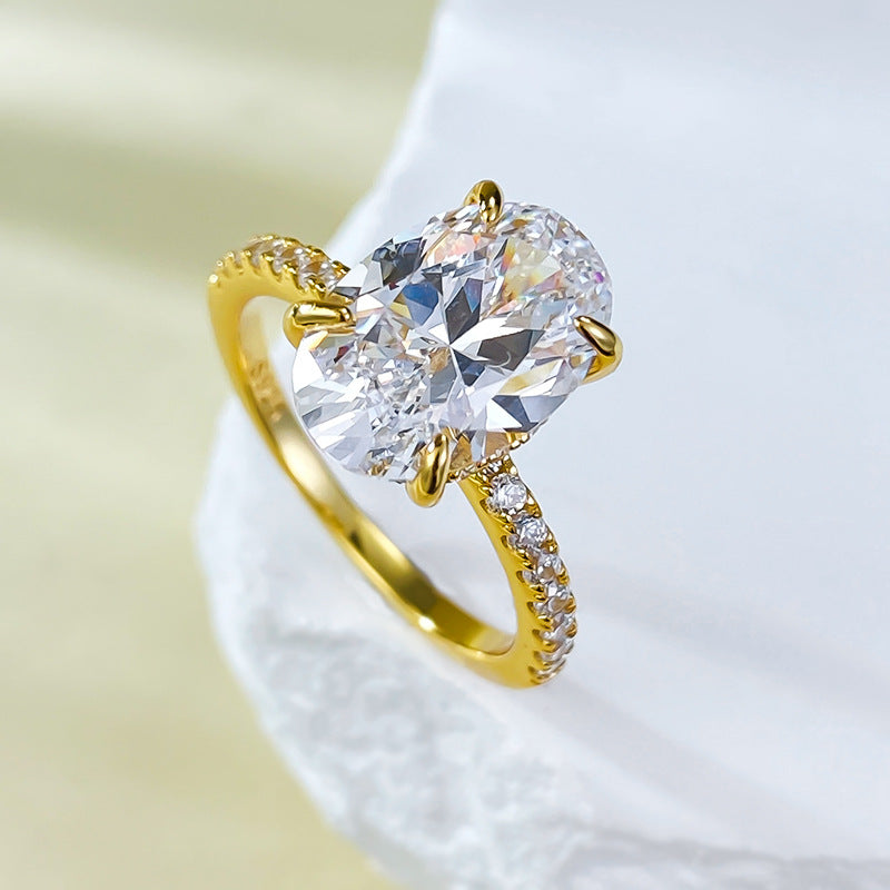 Urqanyu S925 silver gold-plated simulated diamond oval radiant cubic zirconia stone bottom cutting ring 8*12