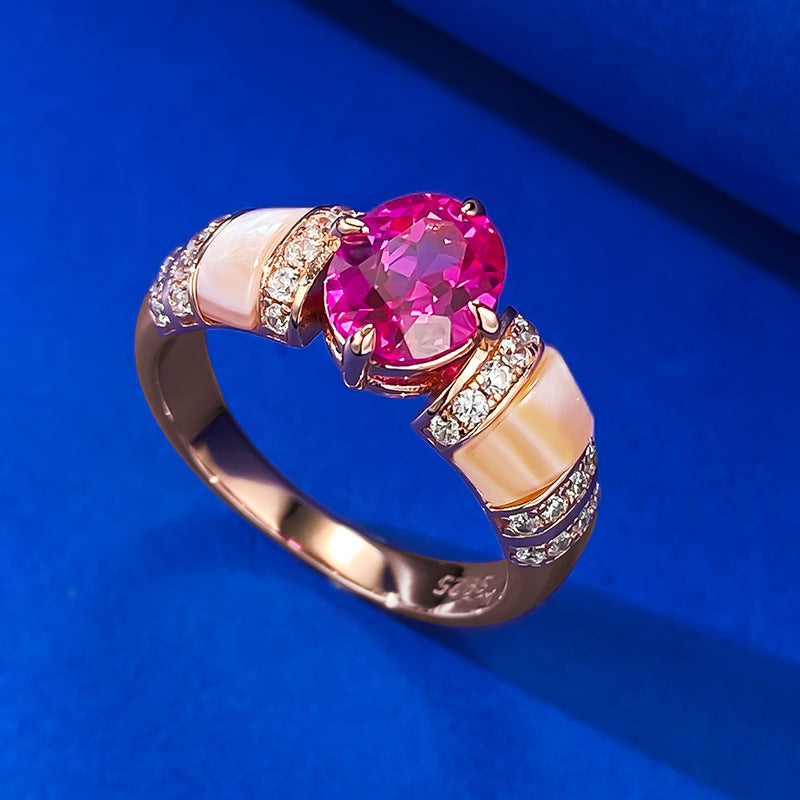Urqanyu 925 silver natural pink shell rupee red cubic zirconia diamond ring gold