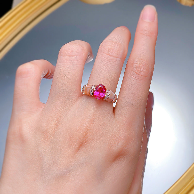 Urqanyu 925 silver natural pink shell rupee red cubic zirconia diamond ring gold