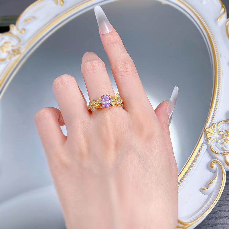 Urqanyu S925 silver purple fantasy purple brushed three-dimensional flower bud cubic zirconia ring