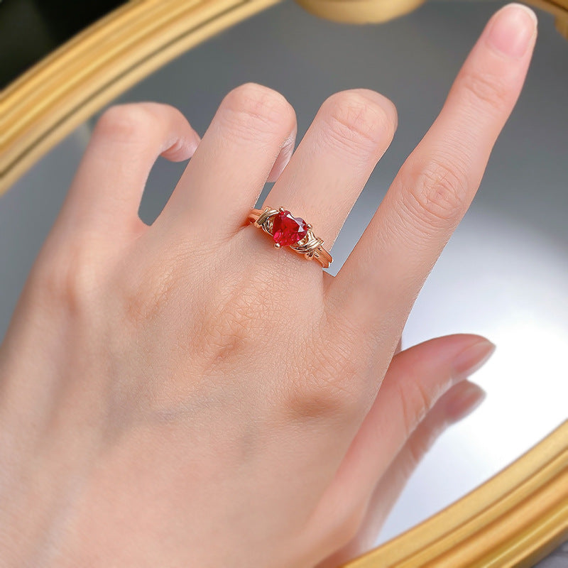 Urqanyu 925 silver heart-shaped red corundum simple cubic zirconia ring 7*7