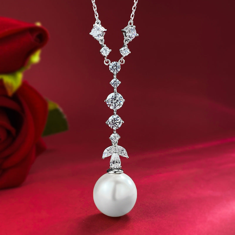Urqanyu S925 silver tassel pearl 16mm fashionable cubic zirconia necklace