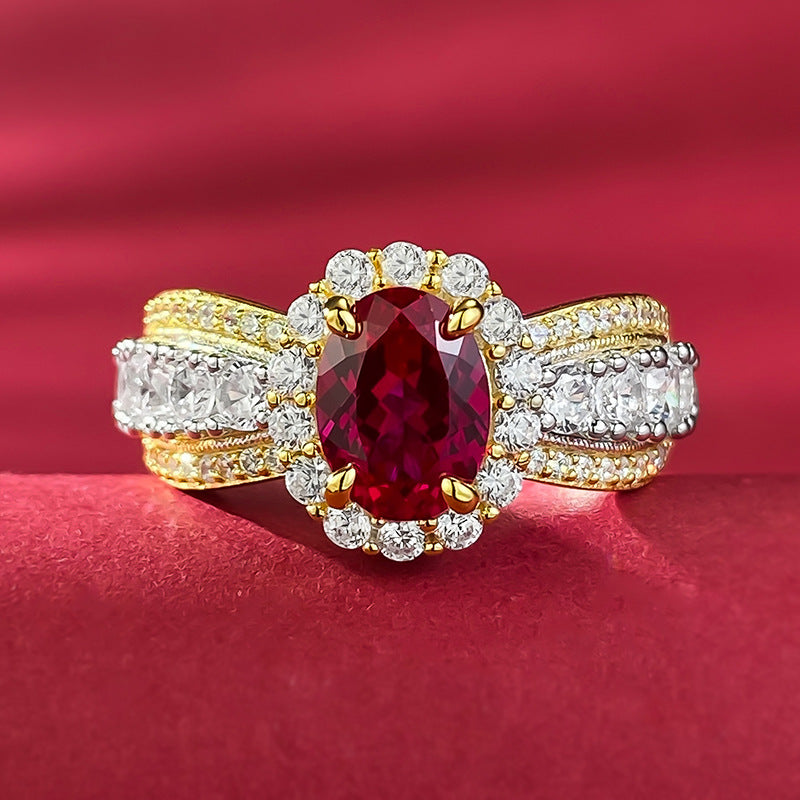 Urqanyu S925 silver French lace edge simulation pigeon blood red oval cubic zirconia ring