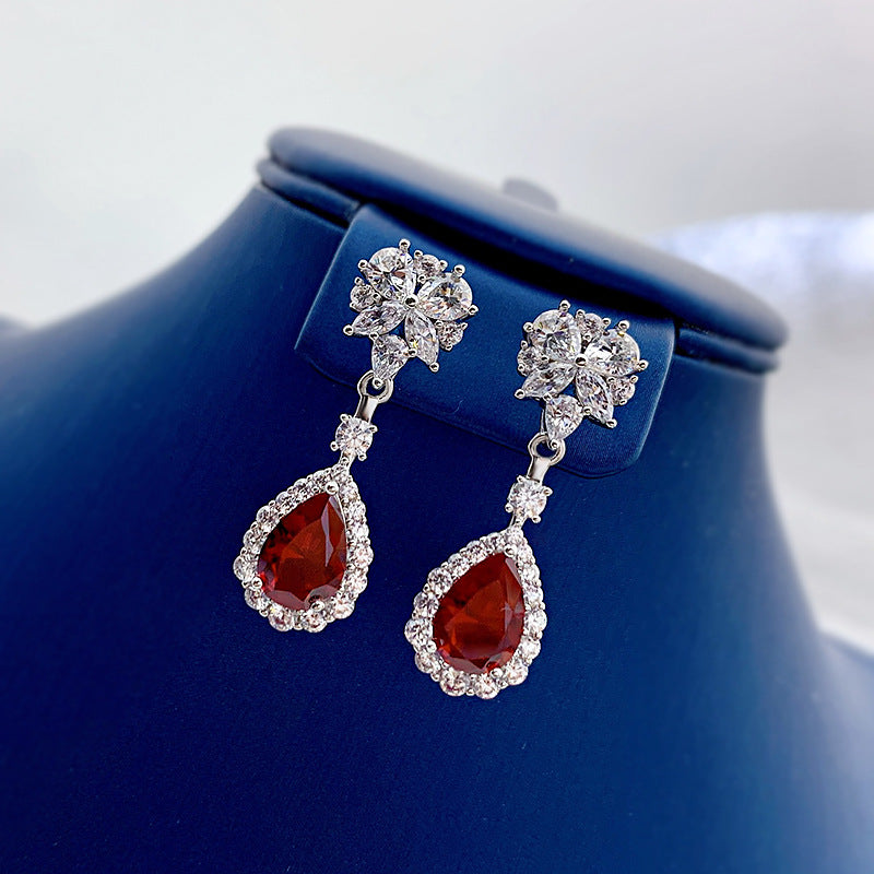Urqanyu Sterling silver simulated ruby 7*10mm long cubic zirconia earrings