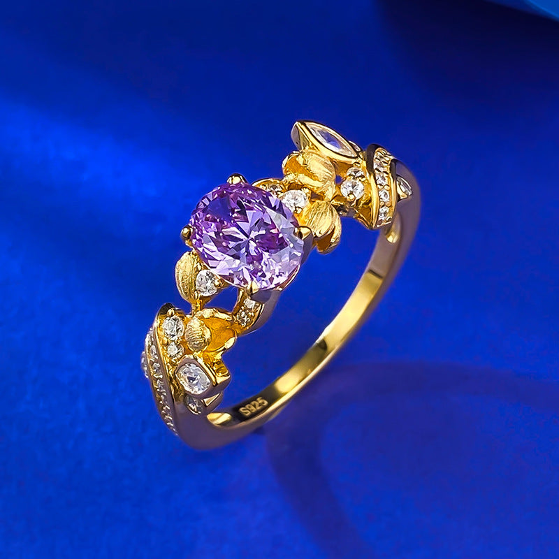 Urqanyu S925 silver purple fantasy purple brushed three-dimensional flower bud cubic zirconia ring