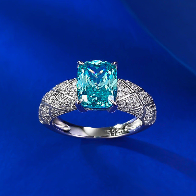 Urqanyu S925 silver Paraiba fat square dream catcher cubic zirconia ring 7*9