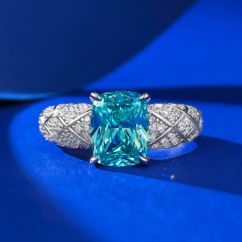 Urqanyu S925 silver Paraiba fat square dream catcher cubic zirconia ring 7*9