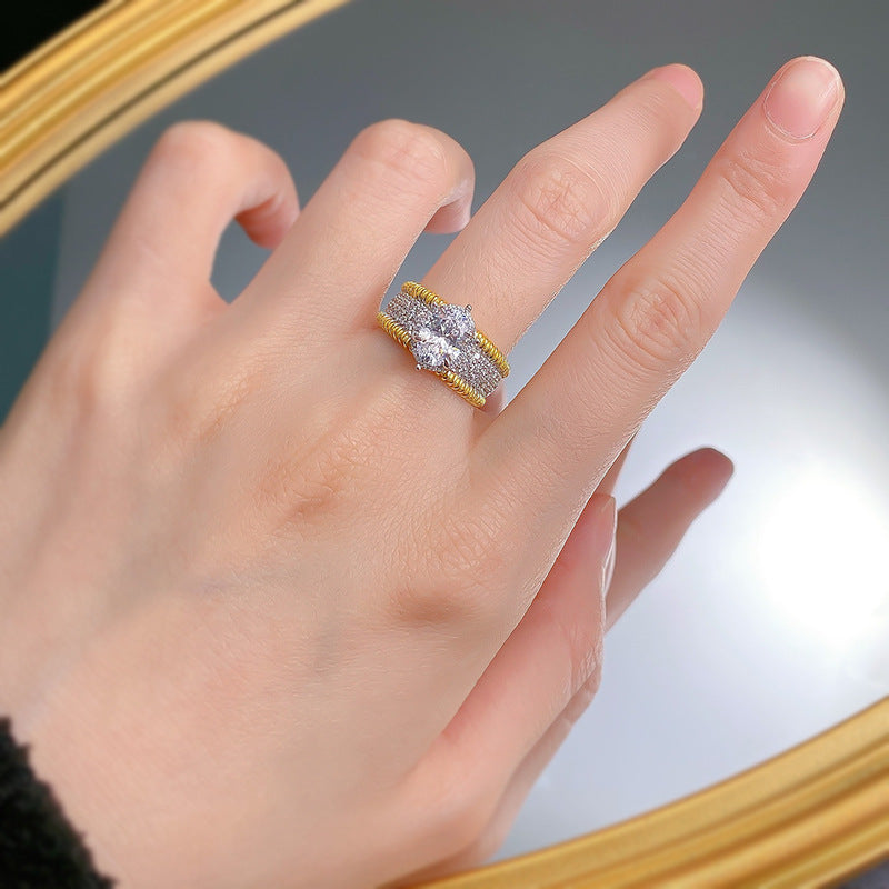 Urqanyu S925 silver oval gilded wealth-making high-end fashion cubic zirconia ring 6*8
