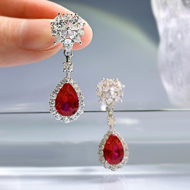 Urqanyu Sterling silver simulated ruby 7*10mm long cubic zirconia earrings