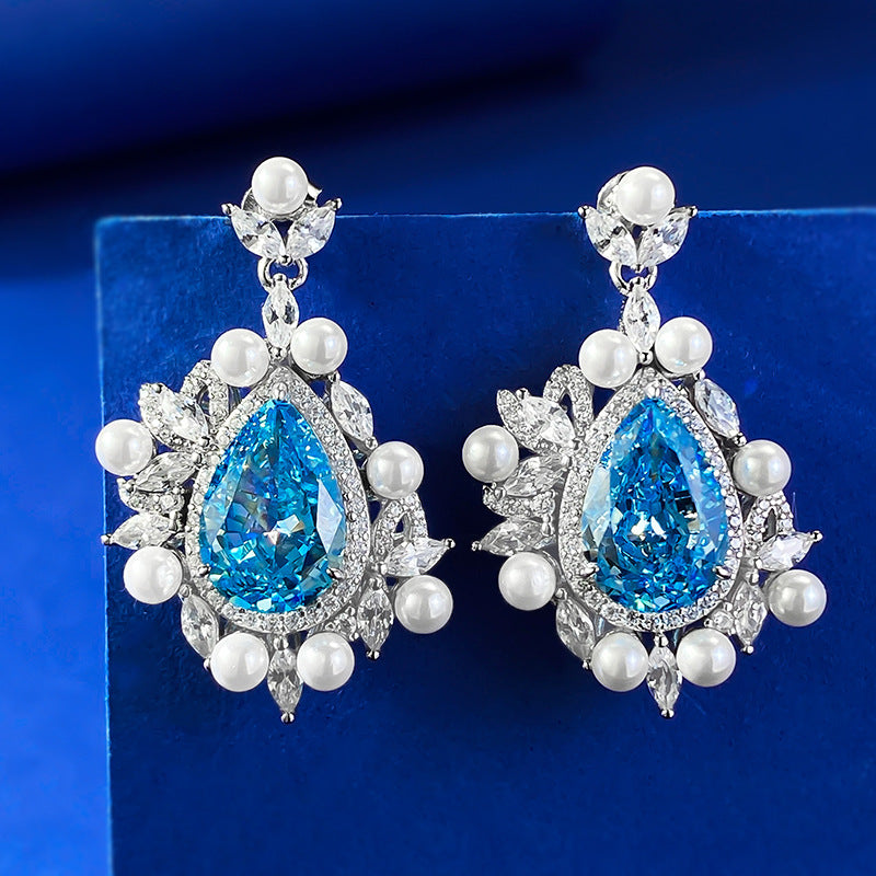 Urqanyu S925 silver ice flower cut 8*12 water drop sea blue fashionable cubic zirconia earrings
