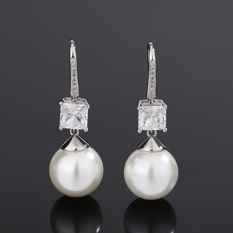 Urqanyu copper base gold-plated inlaid pearl square cubic zirconia fashion pendant earrings 14mm