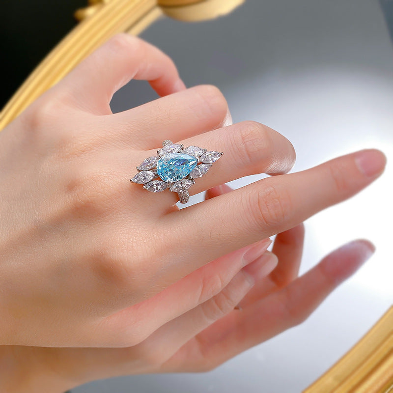 Urqanyu 925 silver 4 carat pear-shaped water drop aquamarine cubic zirconia ring 8*12
