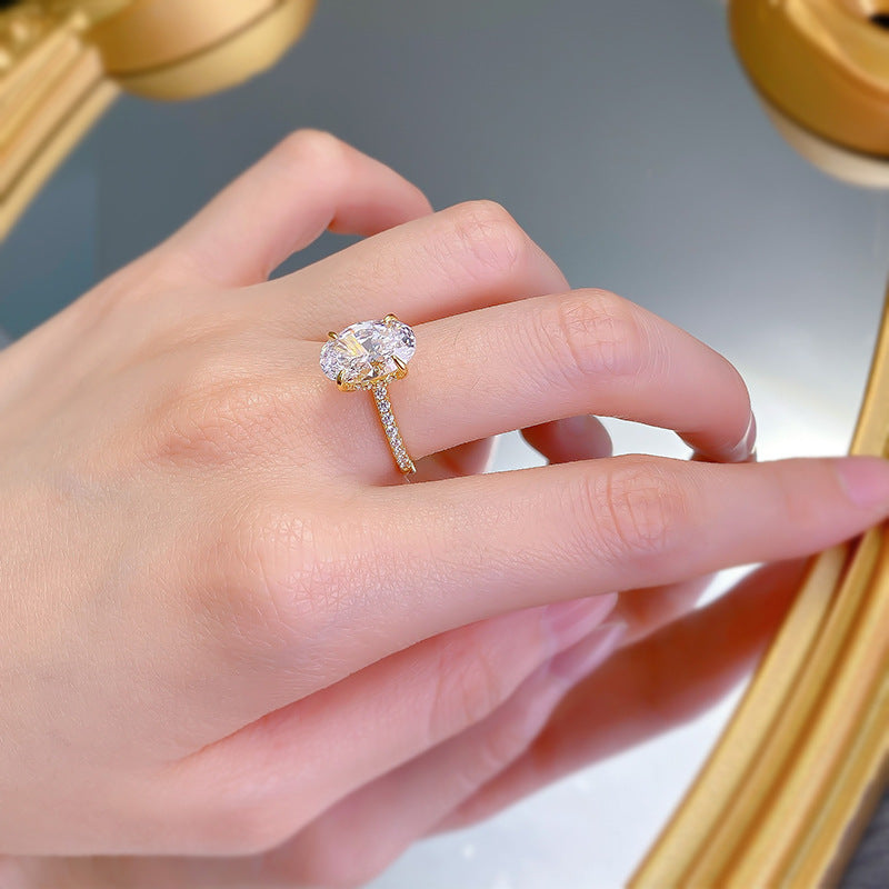 Urqanyu S925 silver gold-plated simulated diamond oval radiant cubic zirconia stone bottom cutting ring 8*12