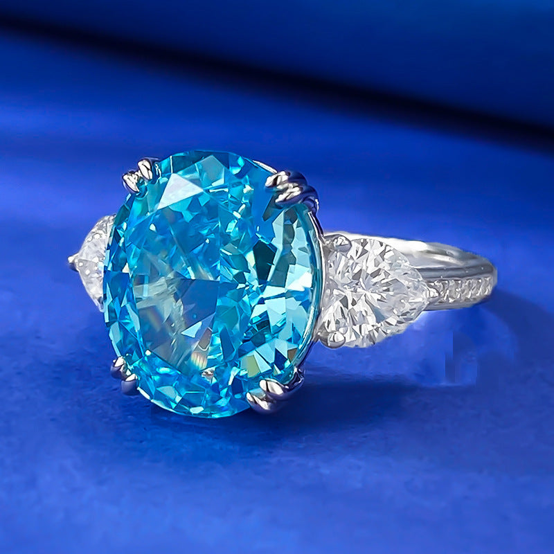 Urqanyu S925 silver sea blue ice flower cut oval cubic zirconia ring 10*12