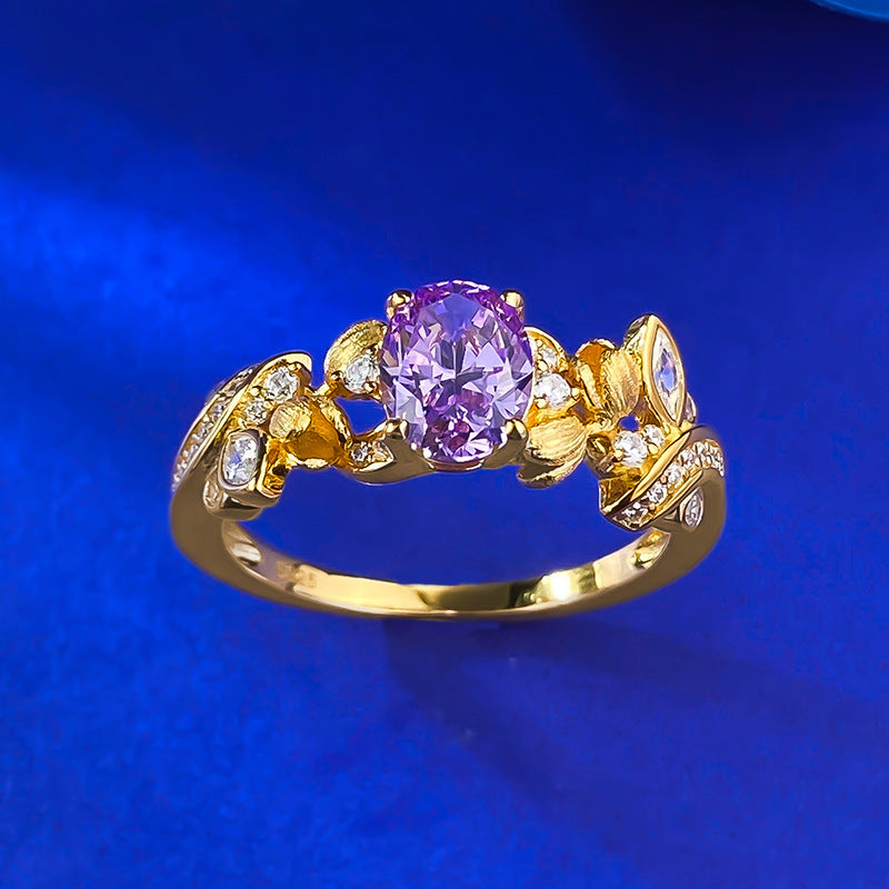 Urqanyu S925 silver purple fantasy purple brushed three-dimensional flower bud cubic zirconia ring