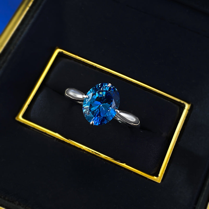 Urqanyu S925 silver simulated royal blue oval cubic zirconia ring
