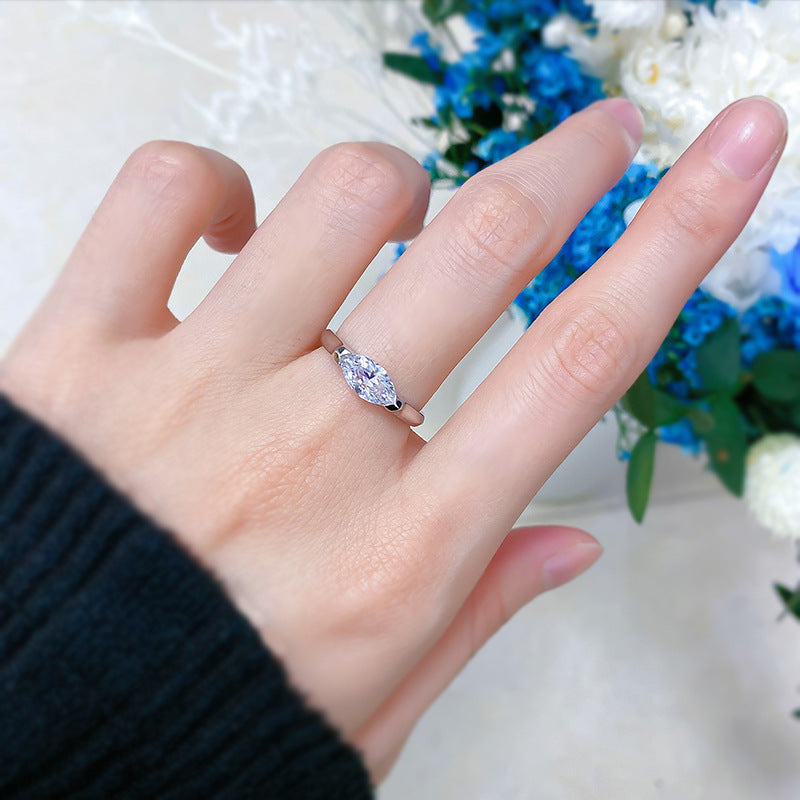 Urqanyu simple horse eye diamond ring S925 silver diamond cubic zirconia couple ring 5*10