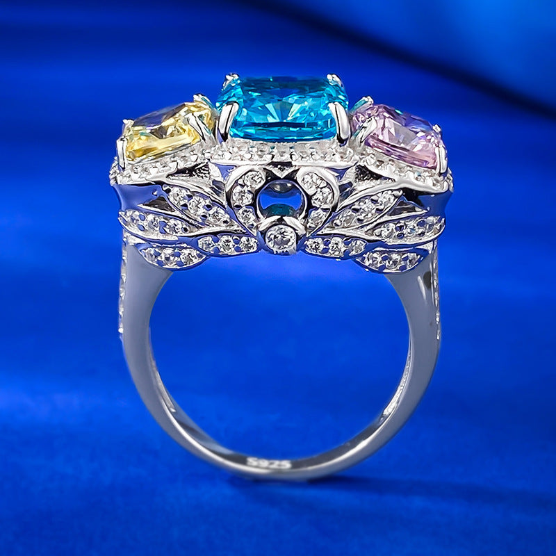 Urqanyu 2 carat imitation color inlaid yellow, blue and pink personality full diamond contrast color cubic zirconia diamond ring