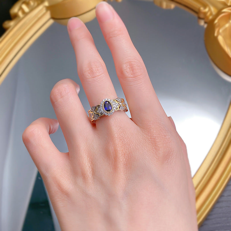 Urqanyu S925 silver Bujia French romantic simulated royal sapphire cubic zirconia ring 4*6