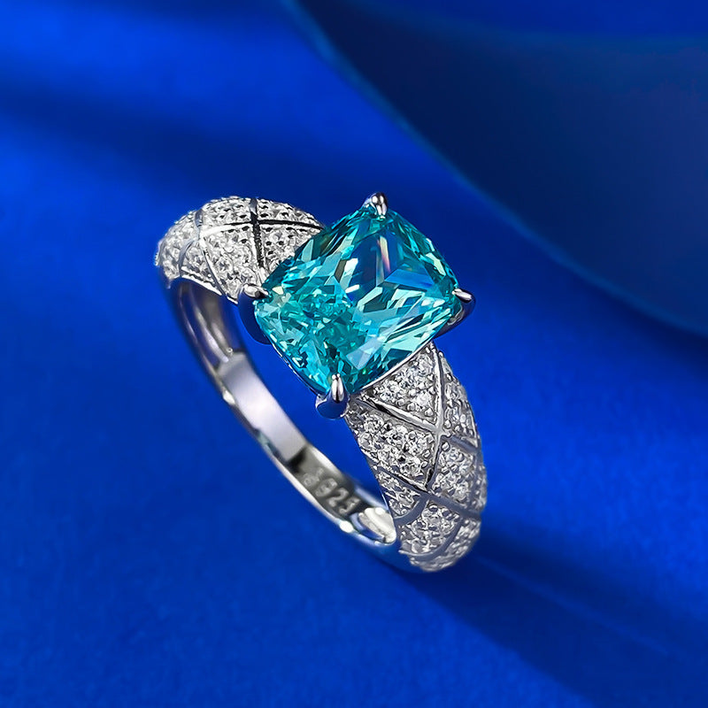 Urqanyu S925 silver Paraiba fat square dream catcher cubic zirconia ring 7*9