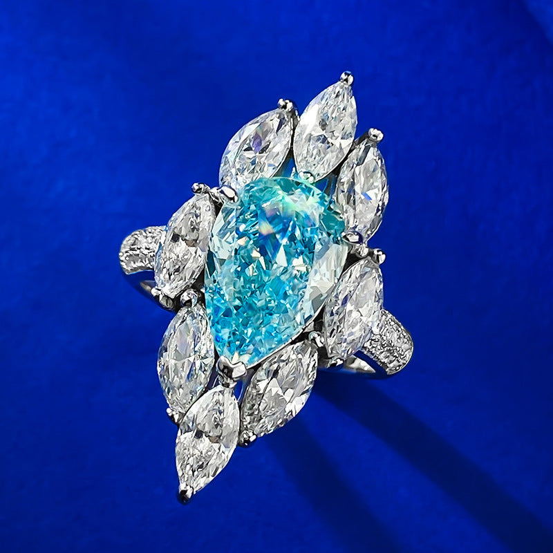 Urqanyu 925 silver 4 carat pear-shaped water drop aquamarine cubic zirconia ring 8*12