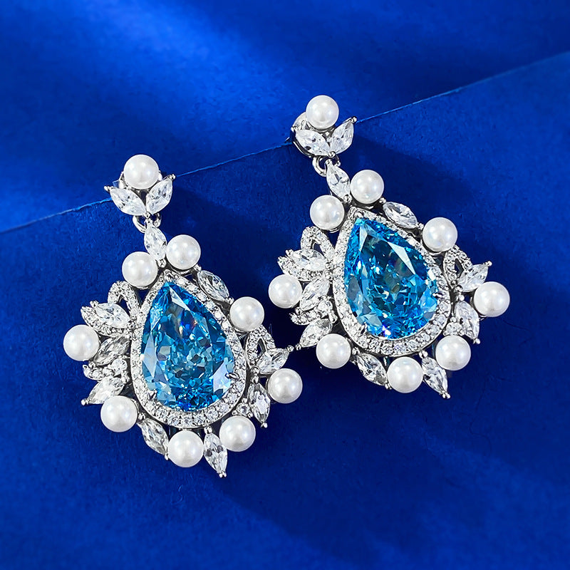 Urqanyu S925 silver ice flower cut 8*12 water drop sea blue fashionable cubic zirconia earrings
