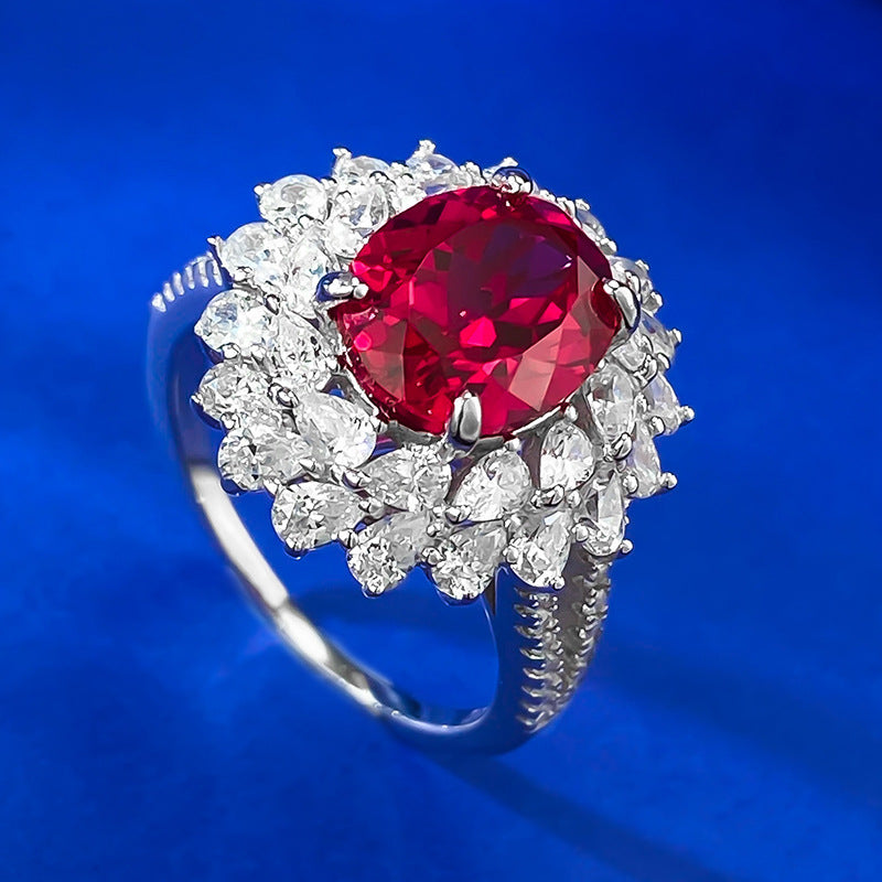 Urqanyu S925 silver pigeon blood red simulated diamond oval ring group inlaid flower cluster cubic zirconia wedding ring 8*10