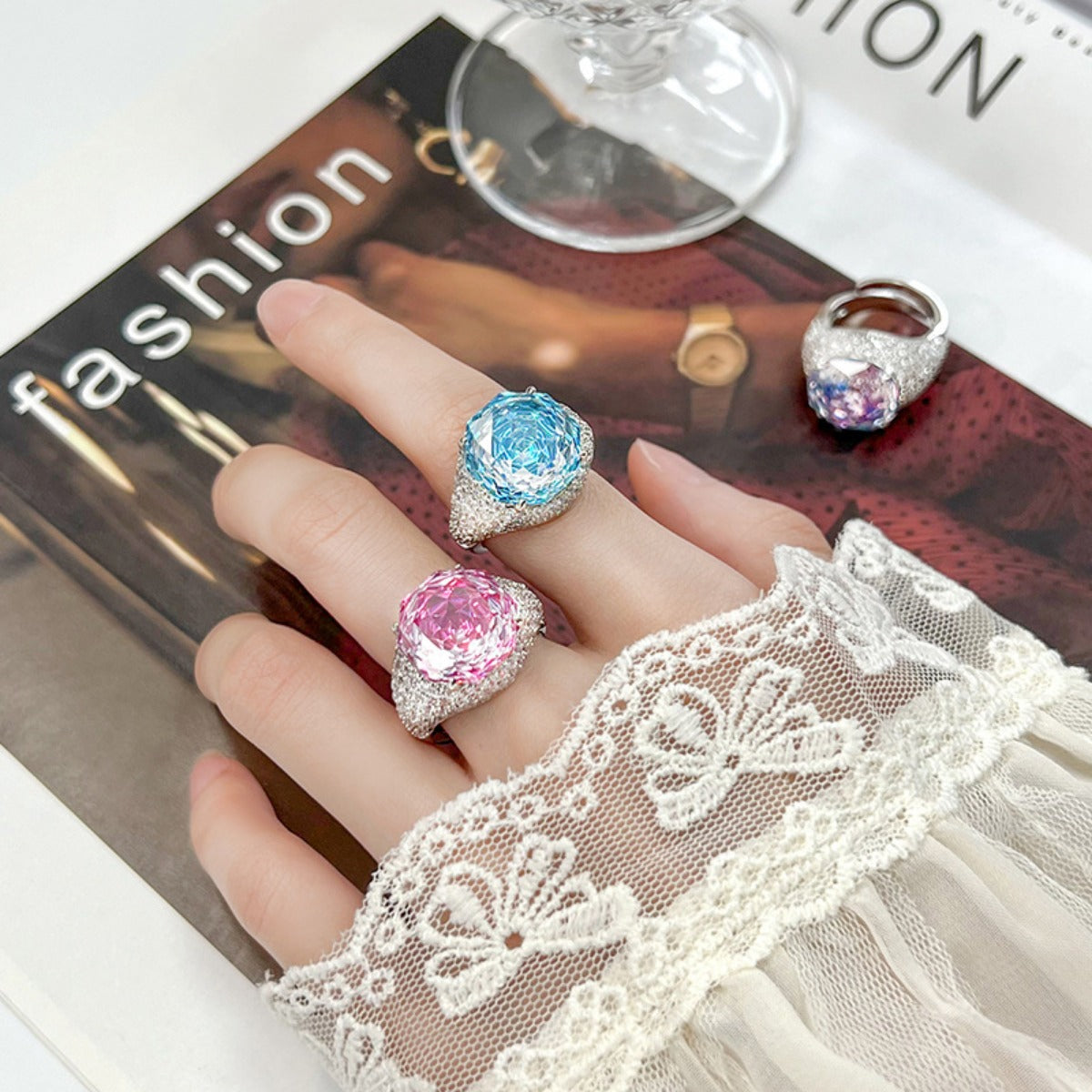 Urqanyu copper-based gold-plated simulated rose-cut colored gemstone temperament retro cubic zirconia ring